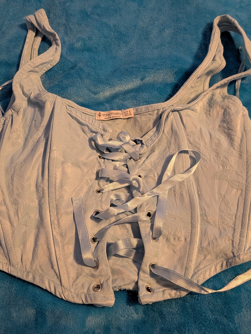 Stradivarius Pale Blue Lace-Up Corset Crop Top, Bustier, Y2K, Coquette,FairyCore